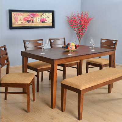 @Home by nilkamal Olenna Solid Wood 6 Seater Dining Set(Finish Color -Walnut, Knock Down)