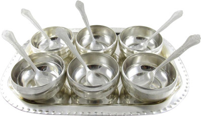 

GoldGiftIdeas Six Manchurian Bowl Tray Spoon Pack of 13 Dinner Set(Silver Plated)