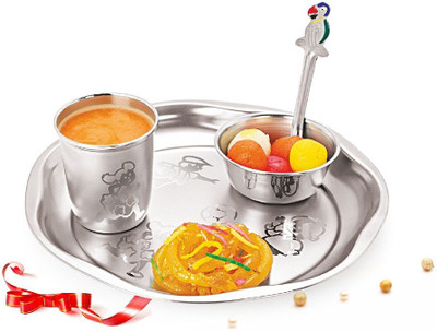 

Gurukrupa Magic Silver Little Heart 4 In 1 Pack of 4 Dinner Set(Stainless Steel)