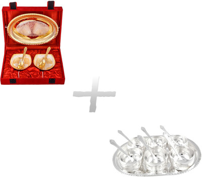 

G S Museum Silver & Gold Plated 2 Heavy Square Bowl Set and Manchurian Bowl Set with Spoons Silver Plated Decorative Platter(Silver, Pack of 18)