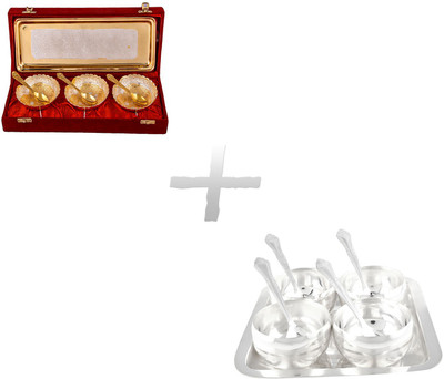 

G S Museum Silver & Gold Plated 3 Heavy Dil Bowl Set and Manchurian Bowl Set with Spoons Silver Plated Decorative Platter(Silver, Pack of 16)
