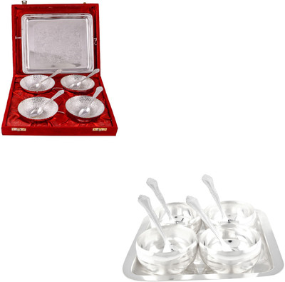 

G S Museum GS Museum Silver Plated 4 Flower Bowl and Manchurian Bowl Set with Spoons Decorative Platter(Silver, Pack of 18)