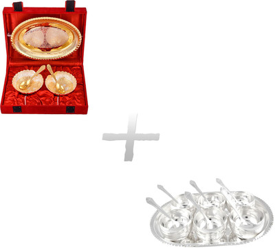 

G S Museum Silver & Gold Plated 2 Heavy Dil Bowl Set and Manchurian Bowl Set with Spoons Silver Plated Decorative Platter(Silver, Pack of 18)