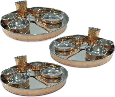 Prisha India Craft Pack of 21 Copper Large Dinnerware Stainless Steel Copperware Platter Dinner Set(Brown)