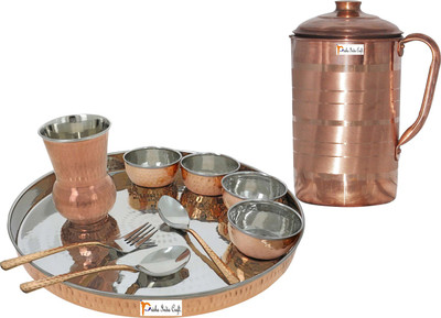 Prisha India Craft Pack of 10 Copper Indian Traditional Dinnerware Stainless Steel Copperware Thali Set - Diameter 13 Inch Dinner Set(Brown)