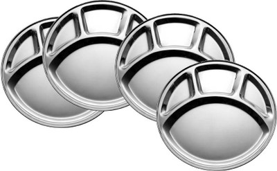 King Traders TULSI -Stainless Steel Four Compartment Round Plate / Thali/ Mess Tray/ Dinner Plate Set of 4 pcs- 33.5 cm each Dinner Set(Stainless Steel) available at flipkart for Rs.795