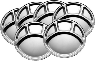 

King Traders TULSI -Stainless Steel Four Compartment Round Plate / Thali/ Mess Tray/ Dinner Plate Set of 6 pcs- 33.5 cm each Dinner Set(Stainless Steel)