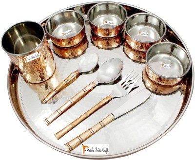 Prisha India Craft Pack of 11 Copper Indian Traditional Dinnerware Stainless Steel Copperware Thali Set - Diameter 13 Inch Dinner Set(Brown)