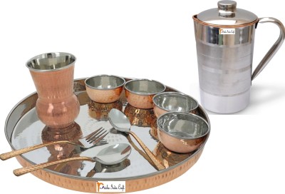 Prisha India Craft Pack of 10 Copper Indian Traditional Dinnerware Stainless Steel Copperware Thali Set - Diameter 13 Inch Dinner Set(Brown)