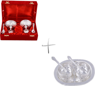 

G S Museum Silver Plated 2 Ice Cream Mug and Manchurian Bowl Set with Spoons Silver Plated Decorative Platter(Silver, Pack of 2)