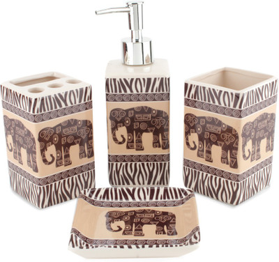 Chrome Elephant Print Bone China Bathroom Set(Pack of 4)
