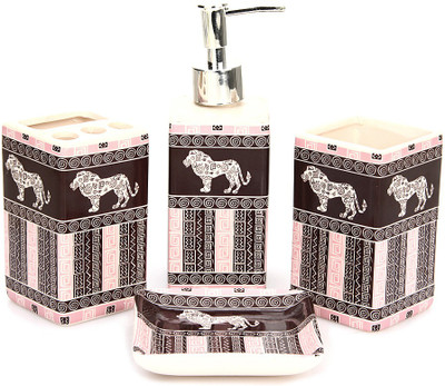 Chrome Brown Lion print Bone China Bathroom Set(Pack of 4)