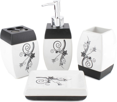 

Chrome Black Flower print Bone China Bathroom Set(Pack of 4)