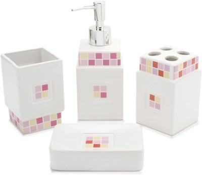 

Purple Axis Pink color square print Bone China Bathroom Set(Pack of 4)