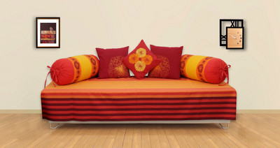 

Elan Cotton Striped, Embroidered Diwan Set, Mari gold orange