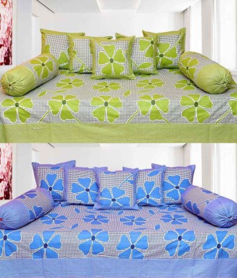 Kdecor Cotton Floral Diwan Set(Green, Blue)