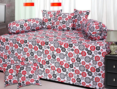 

The Intellect Bazaar Cotton Geometric Diwan Set, White;grey;red;black