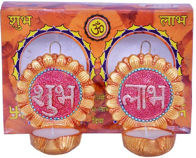 

Indigo Creatives Shubh Labh Auspicious Earthen Large Decoration Diwali Puja diya set of 2 Earthenware (Pack of 2) Table Diya Set(Height: 8 inch)
