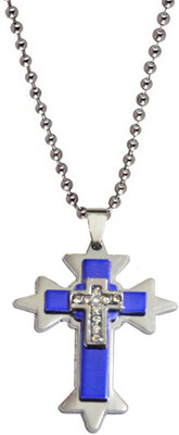 

Men Style White Crystal and Blue Jesus Cross Engraved Blue, Silver Dog Tag