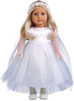 

DreamWorld Collections Little Angel - White satin and tule first communion dress for american girl dolls with long gloves,(Multicolor)