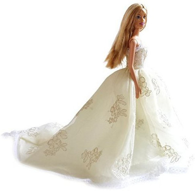 

UNI Gifts Shop Princess Chapel Train Tulle Wedding Dress with Lace for Barbie Doll(Multicolor)