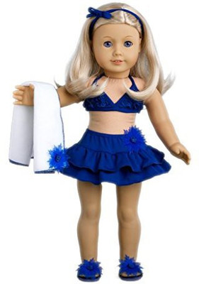 

DreamWorld Collections Bikini Mini - 4 piece bikini outfit includes skirt, bikini top, matching flip flops and beach blanket - American Girl Doll Clothes(Multicolor)