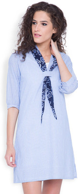 Tokyo Talkies Women Shift White, Blue Mini/Short Dress