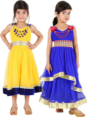

Tiny Toon Girls Midi/Knee Length Casual Dress(Yellow, Sleeveless, Yellow & blue