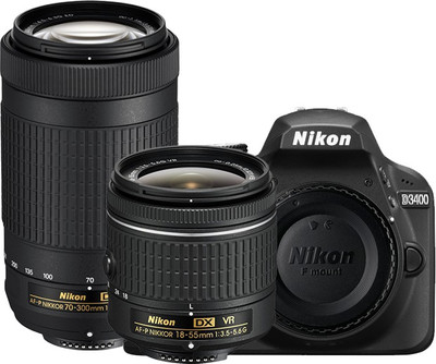 View Nikon D3400 DSLR Camera with Lens AF-P DX NIKKOR 18 - 55 mm f/3.5 - 5.6G VR & AF-P DX NIKKOR 70 - 300 mm f/4.5 - 6.3G ED VR(Black)  Price Online