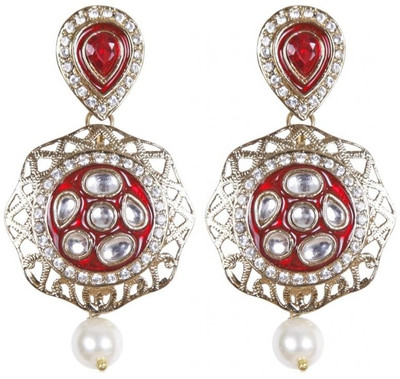 rajwada arts Stylish Kundan with Red stone and Pearls Brass Drops Danglers rajwada arts Earrings