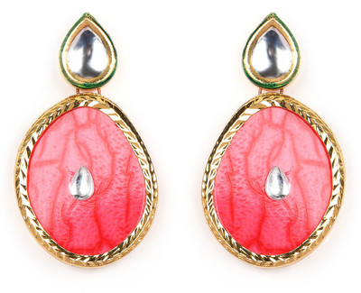 

Johareez Pink Stone & Polki Green Enamel Gold Plated Dangle Beautiful Earrings Alloy Drop Earring
