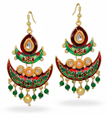 Jaipur Mart New Eid Collection Double Chand bali Style Kundan Studded Partywear Maroon Green Fashion for Women Brass Dangle Earring