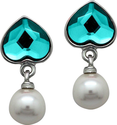mahi Blue Heart Pearl Crystal Alloy Drops & Danglers