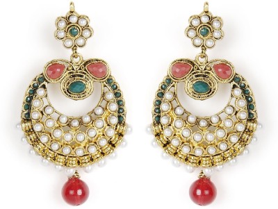 Shining Diva Golden Coloured Hanging with Green & Pink Stones Alloy Chandbali Earring
