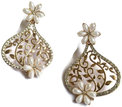 

Fabula Gold & White Pearl Traditional Ethnic Jewellery Floral Filigree for Women, Girls & Ladies Metal Drop Earring