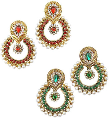 YouBella Combo of Red, Green and Pearls Alloy Chandbali Earring