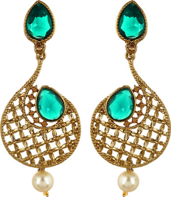 

Fabula Gold & Green Zircon American Diamond AD CZ & Pearl Traditional Ethnic Jewellery Jewellery Filigree for Women, Girls & Ladies Metal Dangle Earring