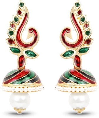 Johareez Gold Plated Peacock Inspired Enamel Jhumki Pearl Earrings Pearl Alloy Jhumki Earring