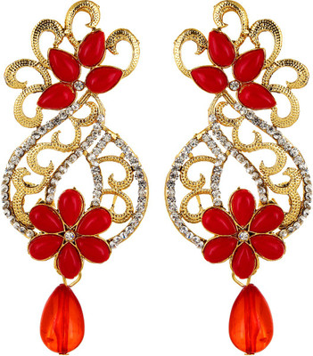 

Fabula Gold, White & Red Zircon American Diamond AD CZ & Pearl Traditional Ethnic Jewellery Filigree Drop for Women, Girls & Ladies Metal Dangle Earring
