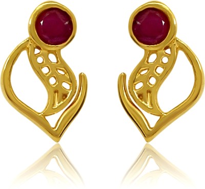 mahi Red Curvy Leaf Ruby Alloy, Brass Stud Earring