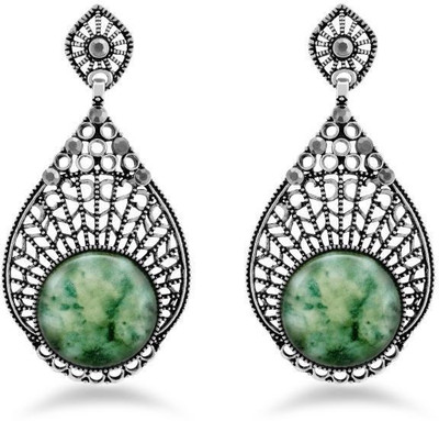 

Jazz Jewellery Beautiful & Exquisite Silver Antique Earrings with Green Stone in Centre. Alloy Drop Earring