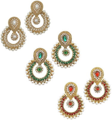 YouBella Combo of Red, Green and Pearls Alloy Chandbali Earring