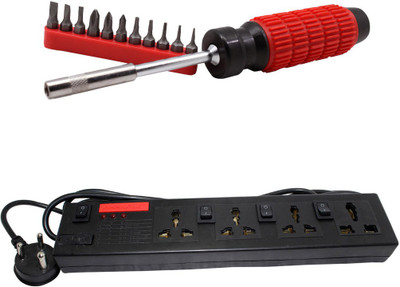 

Pinnacle 4 Socket Individual Switch 3 Meter Cord Regular Series Computer Buster + Moller screwdriver set of 2 Electrical Combo(Pack of 2)