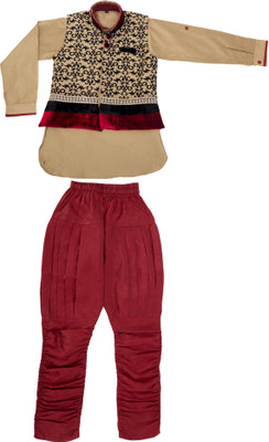 

Ishika Garments Boys Kurta, Waistcoat and Pyjama Set, Brown & red & black & maroon
