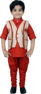

Ahhaaaa Boys Kurta, Waistcoat and Dhoti Pant Set, Red