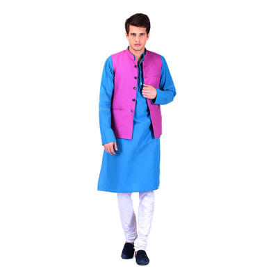 

TAG-7 Men Kurta, Waistcoat and Pyjama Set, Blue