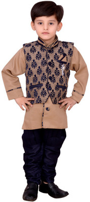 

Arshia Fashions Boys Kurta, Waistcoat and Breeches Set, Beige & blue