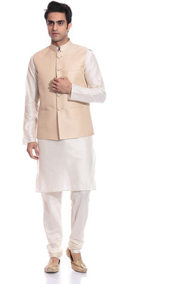 

TAG-7 Men Kurta, Waistcoat and Pyjama Set, Beige