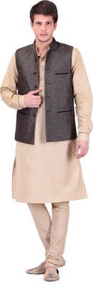 

TAG-7 Men Kurta, Waistcoat and Pyjama Set, Beige
