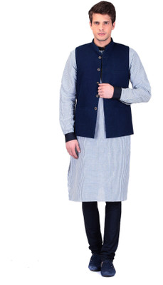 

TAG-7 Men Kurta, Waistcoat and Pyjama Set, Light blue